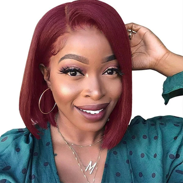 QVR 99J Burgundy Color T Lace Short Bob Wigs Straight Human Hair Wig 180% Lace Front Wigs - Image 4