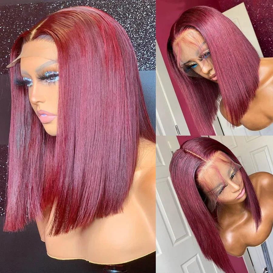 QVR 99J Burgundy Color T Lace Short Bob Wigs Straight Human Hair Wig 180% Lace Front Wigs - Image 5