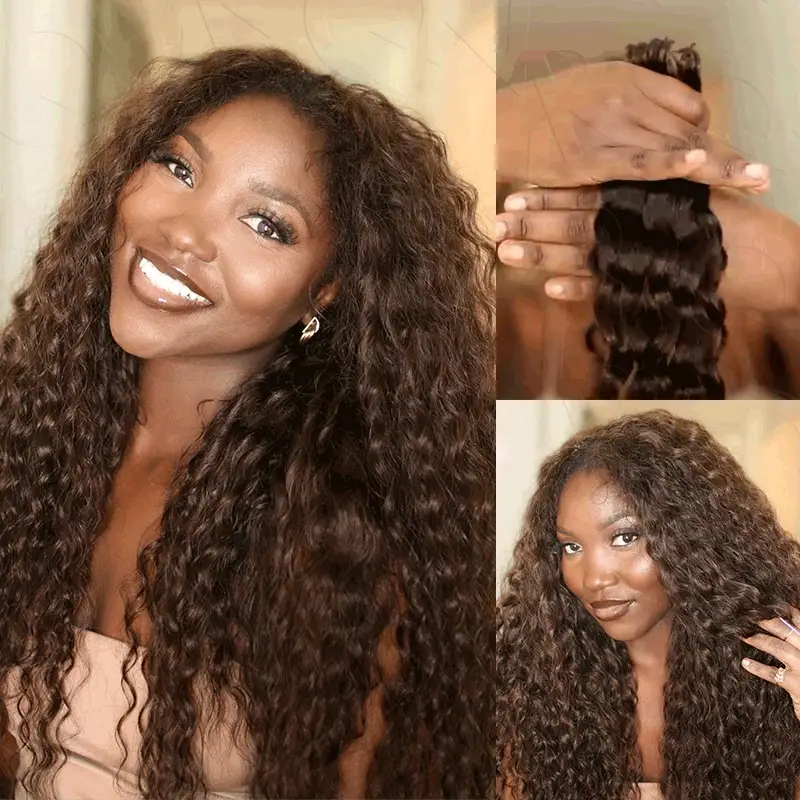 QVR Dark Brown #4 Crochet Hair Water Wave Machine Made Feather Human Hair Extension - Image 5