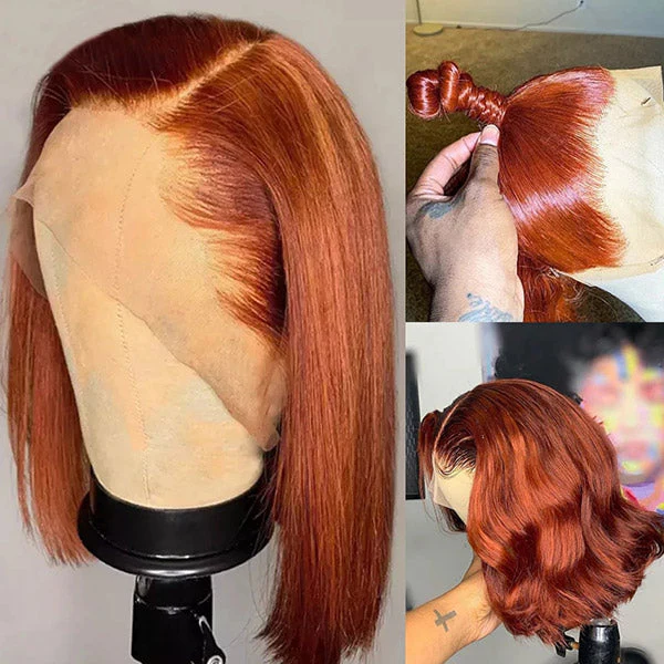 QVR Ginger Short Bob Wigs 4x4 13x4 Straight Human Hair Wig 180% Lace Front Orange Wigs - Image 3