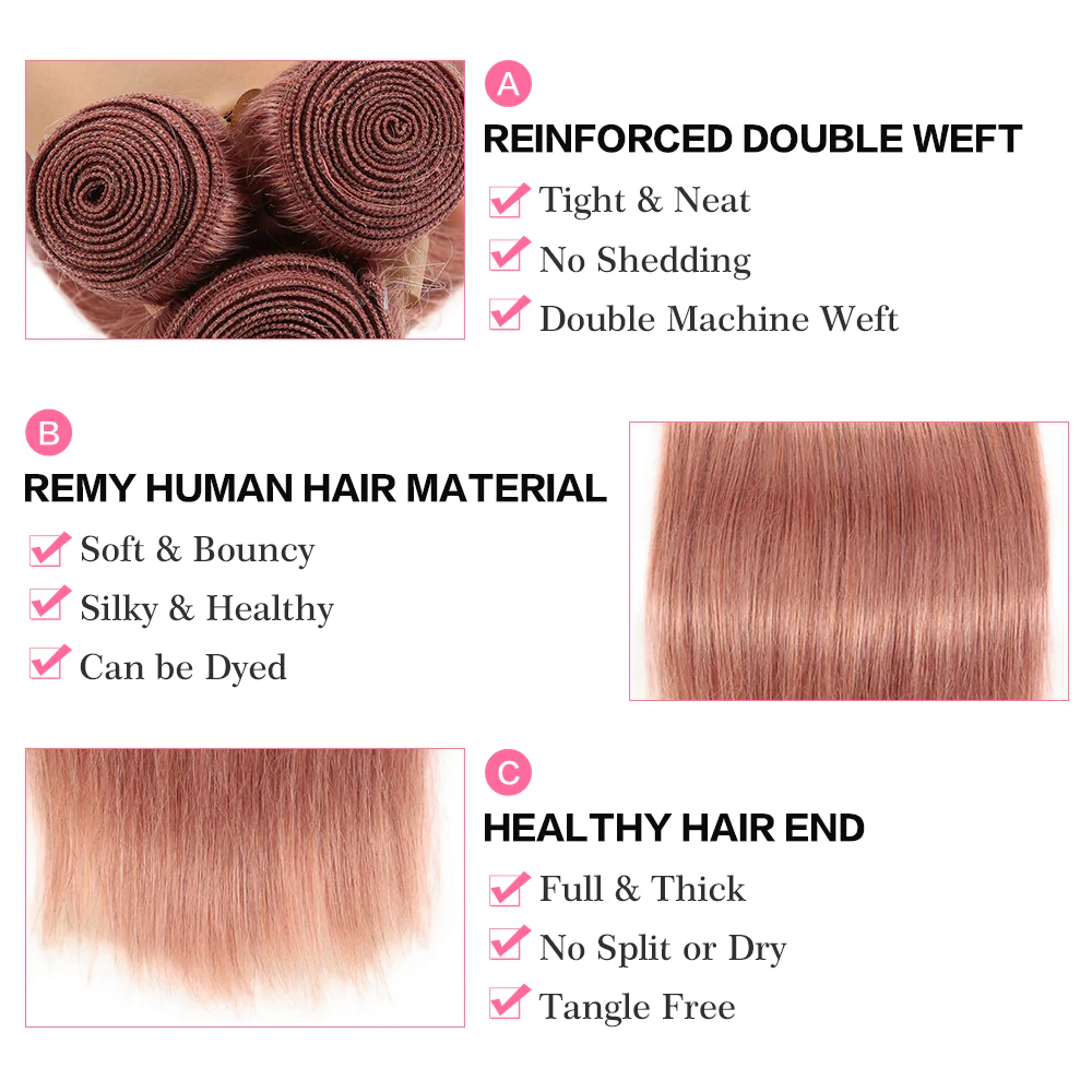 QVR Pink Straight Weave Bundles Remy Human Hair Extensions 3 pieces Soft and Bouncy - Image 5
