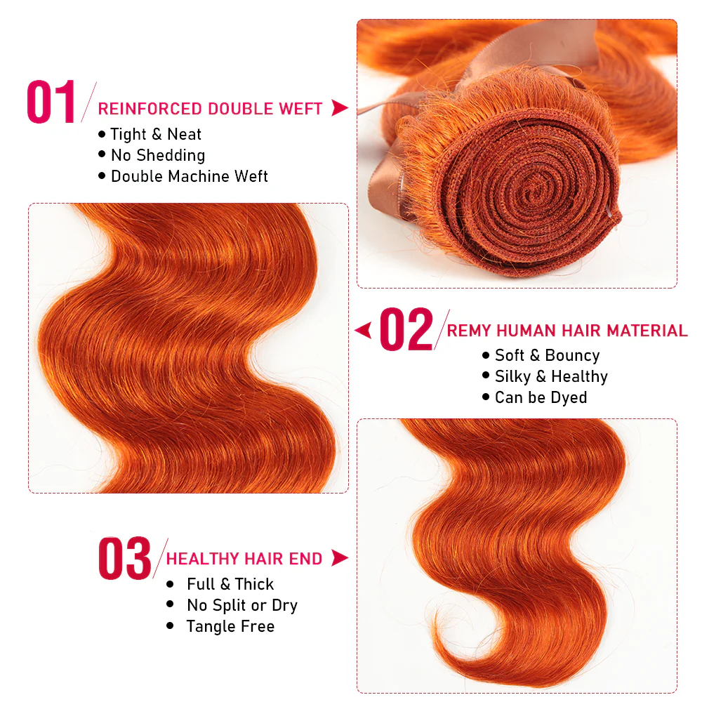 QVR Body Wave Hair Bundles With Closure Remy Human Hair 3 Bundles with Frontal Orange Ginger Color - Image 10