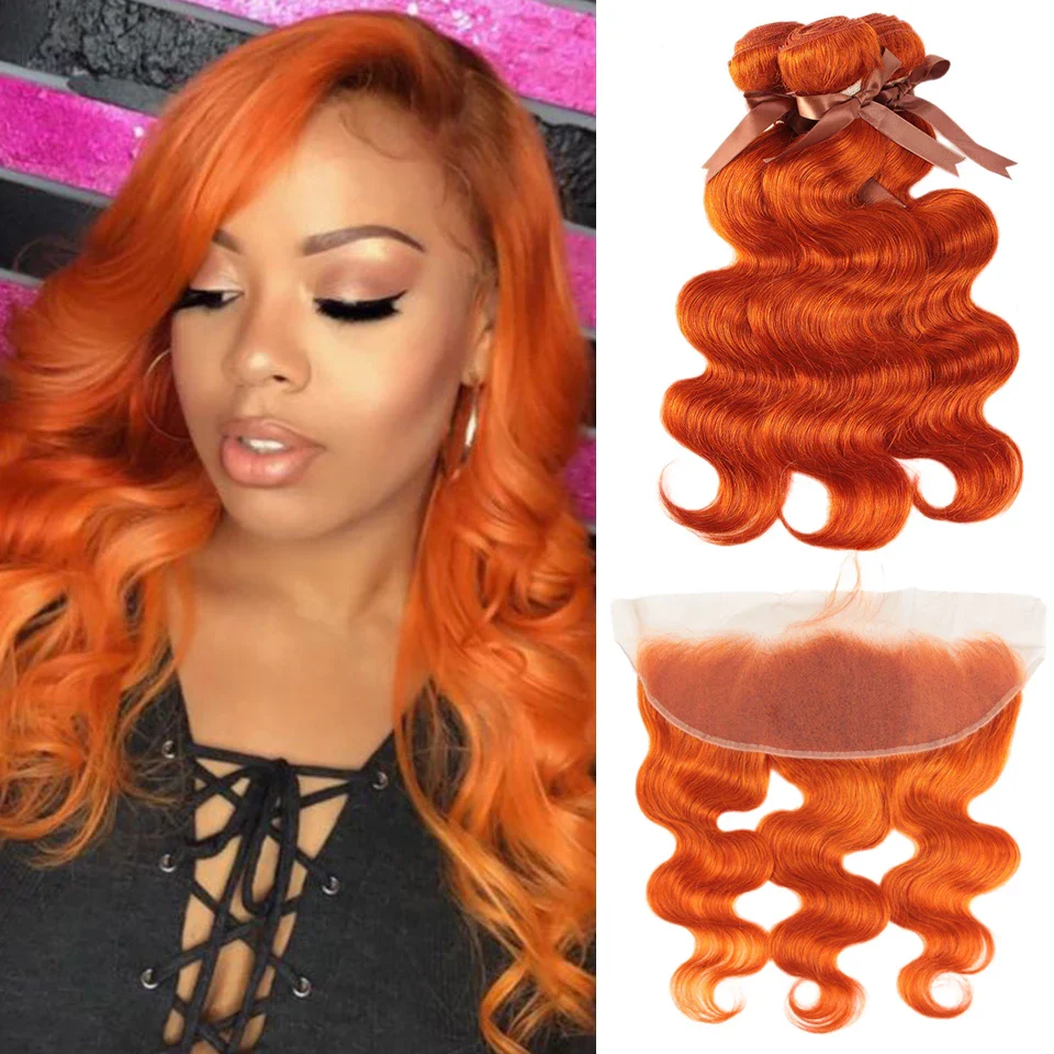 QVR Body Wave Hair Bundles With Closure Remy Human Hair 3 Bundles with Frontal Orange Ginger Color - Image 3