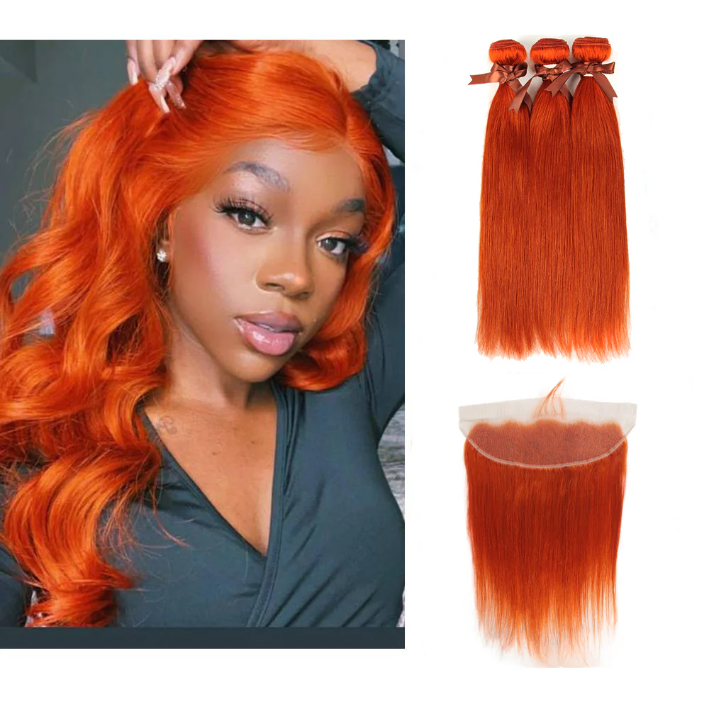 Queen Remy Human Hair Ginger Orange Color 3 Bundles with Closure Straight Hair Weave Orange Color - Image 3