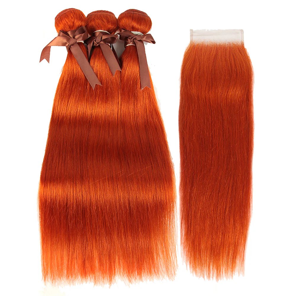 Queen Remy Human Hair Ginger Orange Color 3 Bundles with Closure Straight Hair Weave Orange Color - Image 4