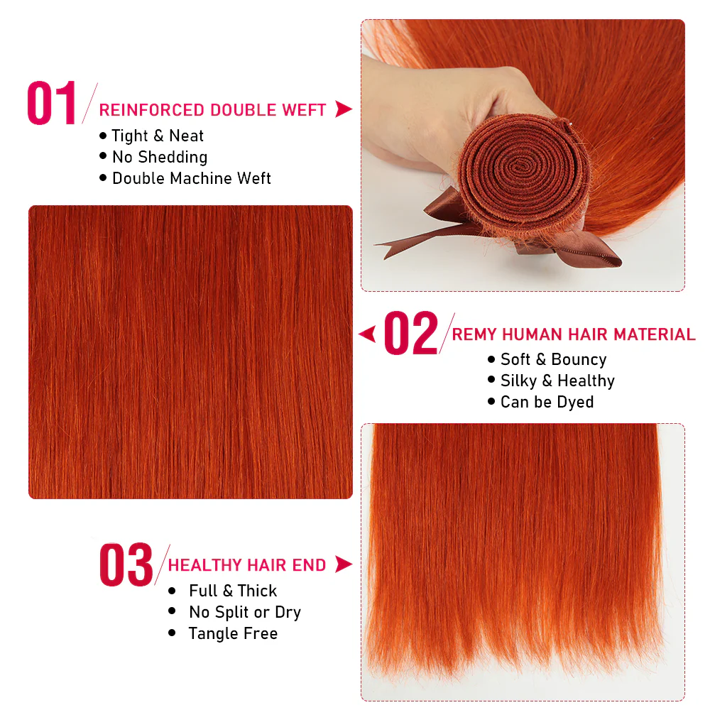 Queen Remy Human Hair Ginger Orange Color 3 Bundles with Closure Straight Hair Weave Orange Color - Image 8