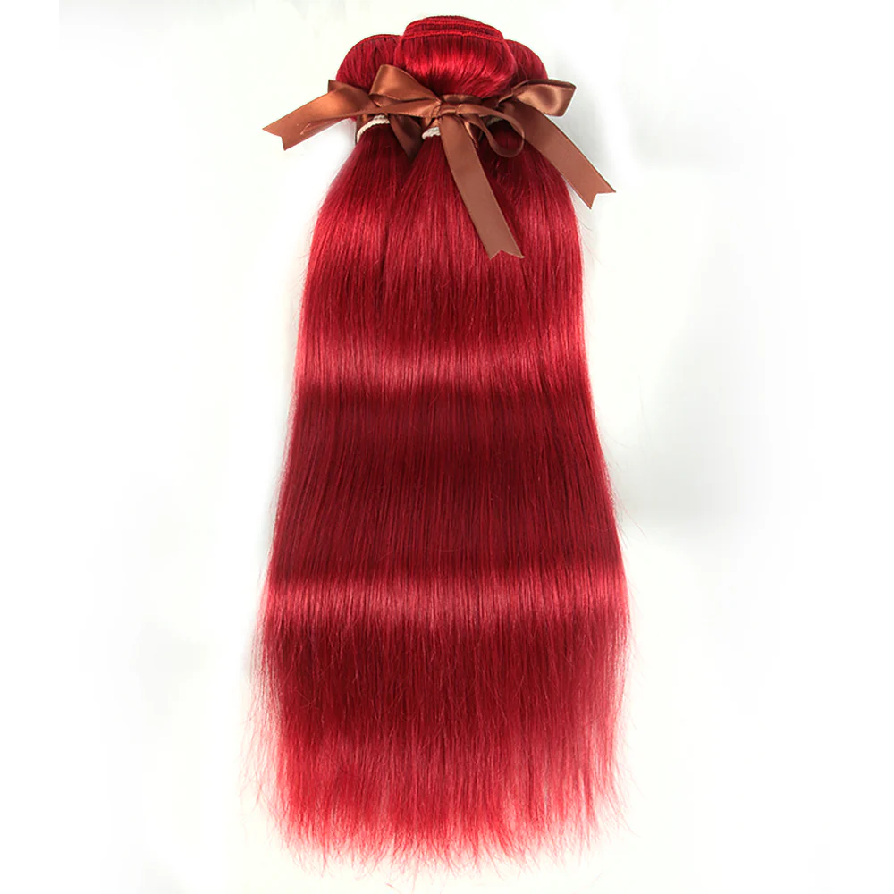 Queen Remy Human Hair 3 Bundles with Closure Straight Hair Weave Red Color - Image 3