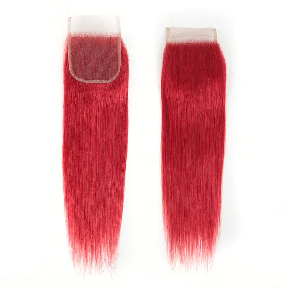 Queen Remy Human Hair 3 Bundles with Closure Straight Hair Weave Red Color - Image 4
