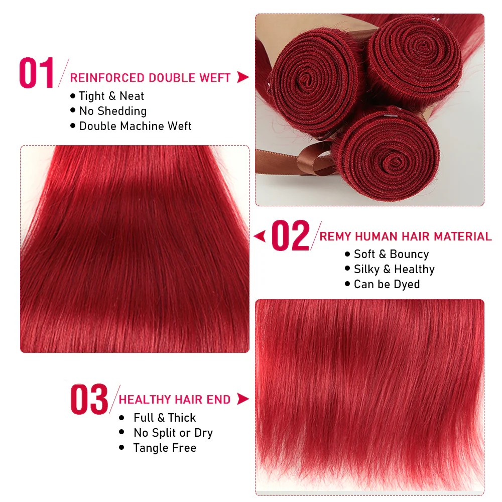 Queen Remy Human Hair 3 Bundles with Closure Straight Hair Weave Red Color - Image 5