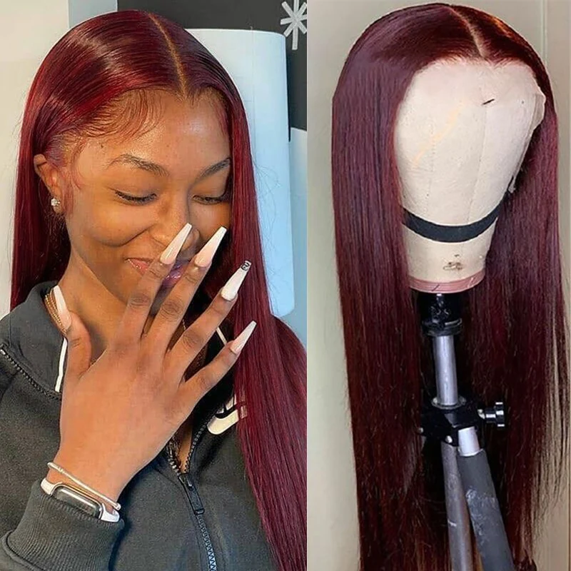 QueenVirginRemy  Colored Wigs 99J Straight 13x4 HD Lace Front Wigs Red Wine Color Virgin Human Hair Wigs 200% Density Glueless Wigs - Image 4