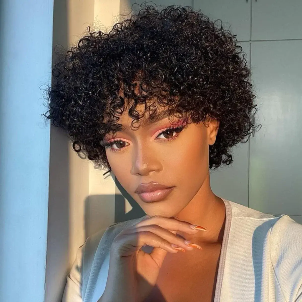 QVR Curly Short Pixie Cut Human Hair Wigs With Bangs - Image 3