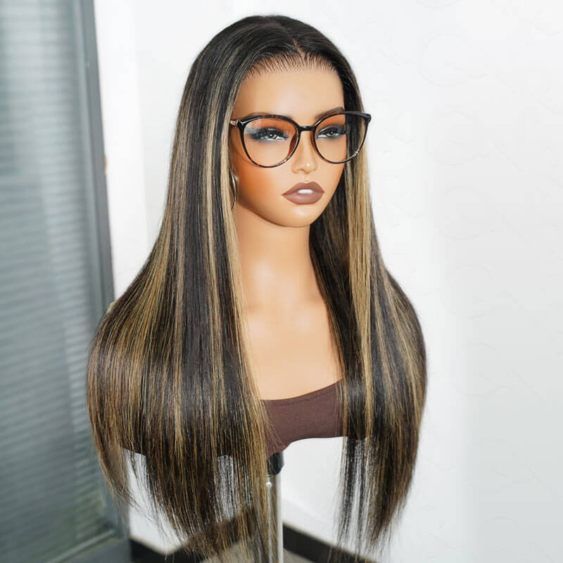 QVR Glueless Blonde Highlight Silky Straight 13x4 Pre-Cut Lace Frontal Wig Human Hair Wigs - Image 5