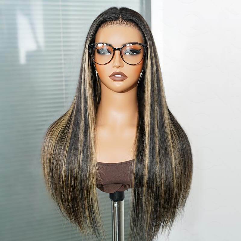 QVR Glueless Blonde Highlight Silky Straight 13x4 Pre-Cut Lace Frontal Wig Human Hair Wigs - Image 6