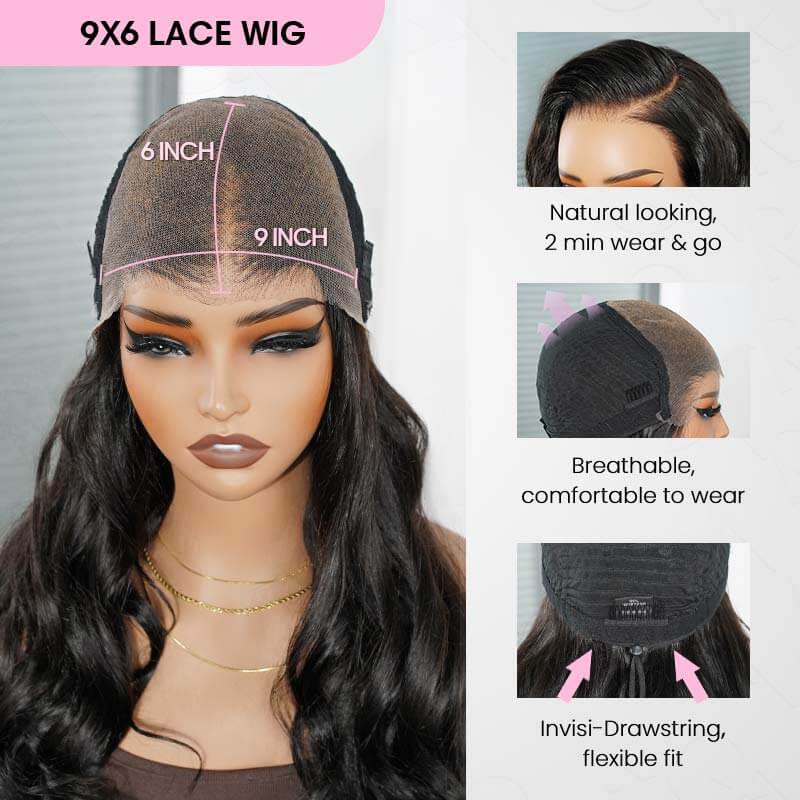 QVR Glueless Loose Body Wave 9x6 Pre-Cut Lace Frontal Wig Black Human Hair Wigs - Image 6