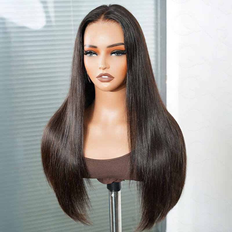 QVR Glueless Silky Straight 13x4 Pre-Cut Lace Frontal Wig 180% density Natural Black Human Hair Wigs - Image 6