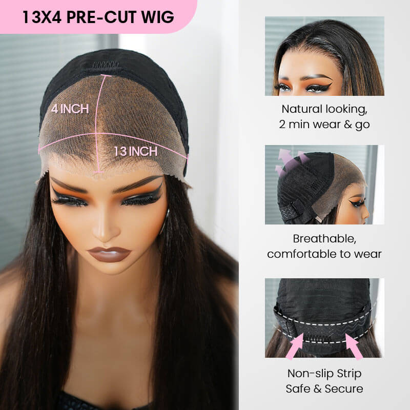 QVR Glueless Silky Straight 13x4 Pre-Cut Lace Frontal Wig 180% density Natural Black Human Hair Wigs - Image 7