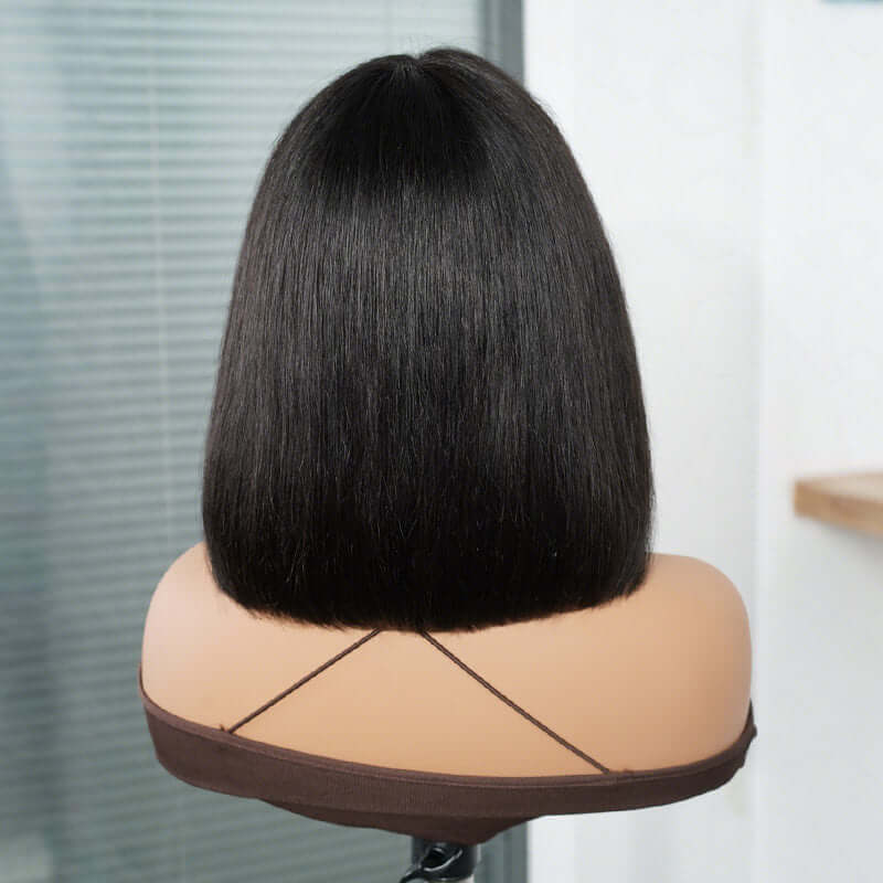 QVR Glueless Straight Short Bob Wig with Bangs Natural Black Minimalist Lace Human Hair Wig - Image 4
