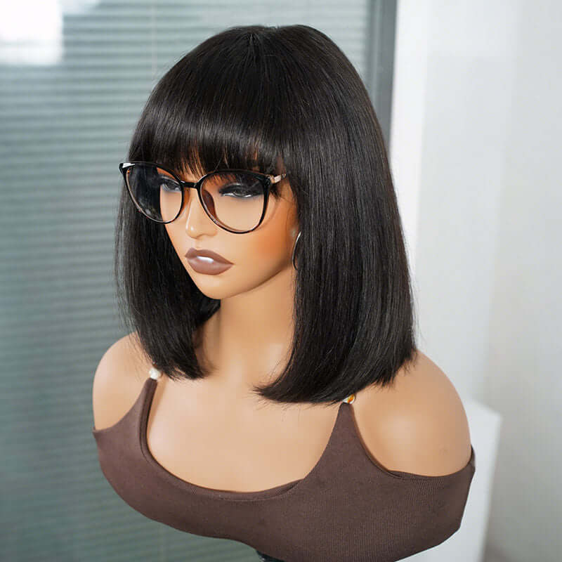 QVR Glueless Straight Short Bob Wig with Bangs Natural Black Minimalist Lace Human Hair Wig - Image 5