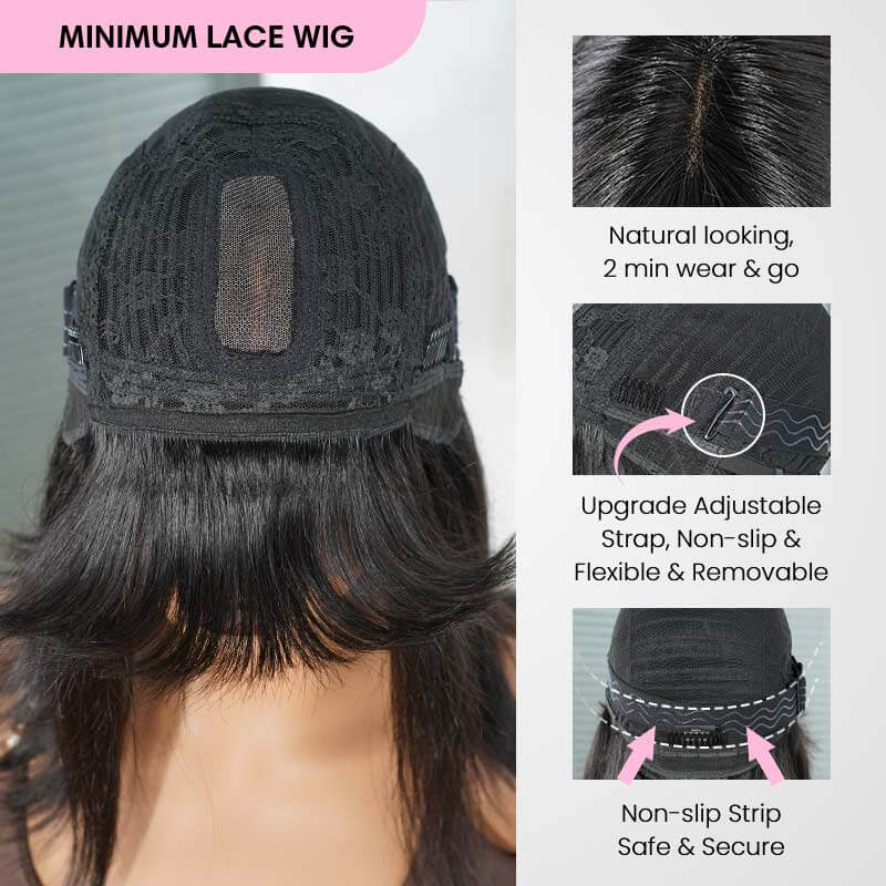 QVR Glueless Straight Short Bob Wig with Bangs Natural Black Minimalist Lace Human Hair Wig - Image 6