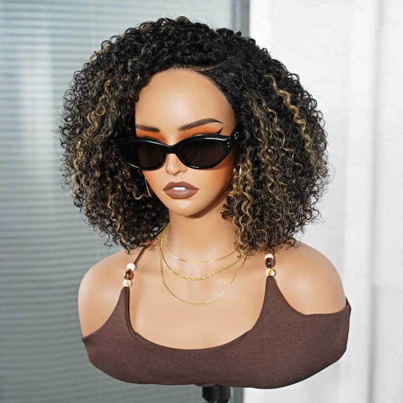 QVR Honey Blonde Highlight Short Cut Curly Wig Glueless Side Part Wig Beginner Friendly - Image 4