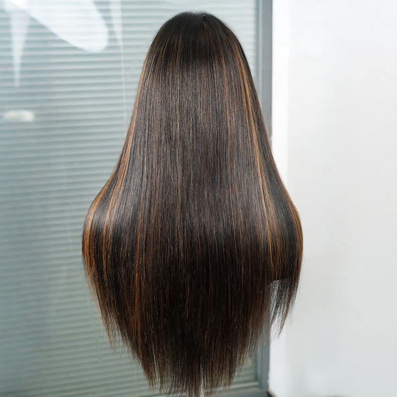 QVR Natural Hairline Brown Highlight Silky Straight Glueless 13x4 Pre-cut Lace Frontal Wig Human Hair - Image 5