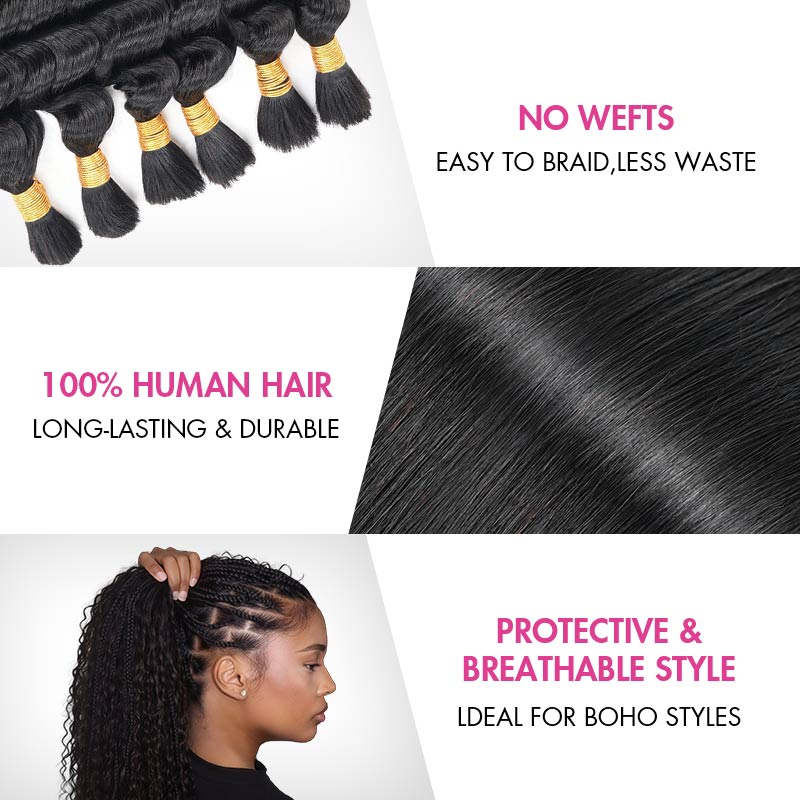 QVR Burmese Curly Boho Knotless Braids Human Bulk Hair Natural Black Human Braiding Hair Extensions - Image 4